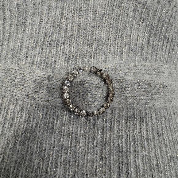Angora Blend Knit Sweater Sparkle V Neck Belted Bodycon M Preppy Old Money Gray - Picture 4 of 8
